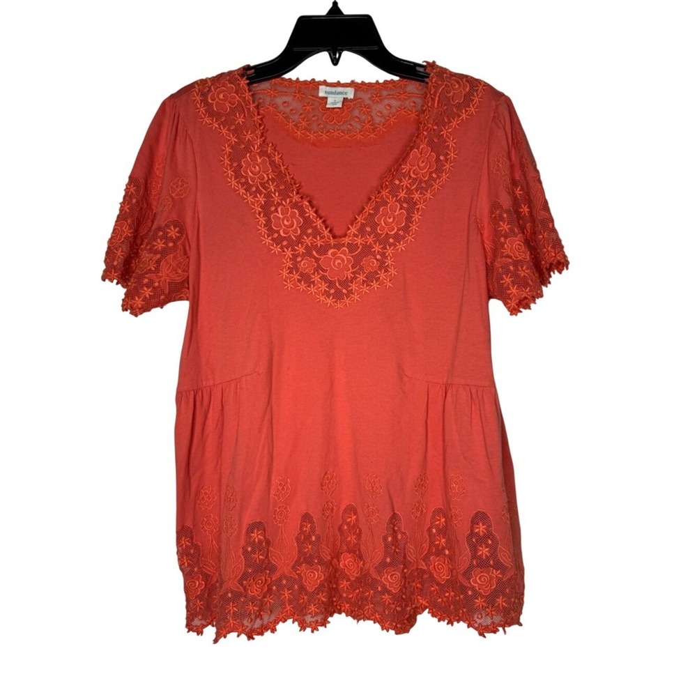 Sundance Womens‎ La Vida Lace Floral Embroidered  V Neck Top Sz L Short Sleeve
